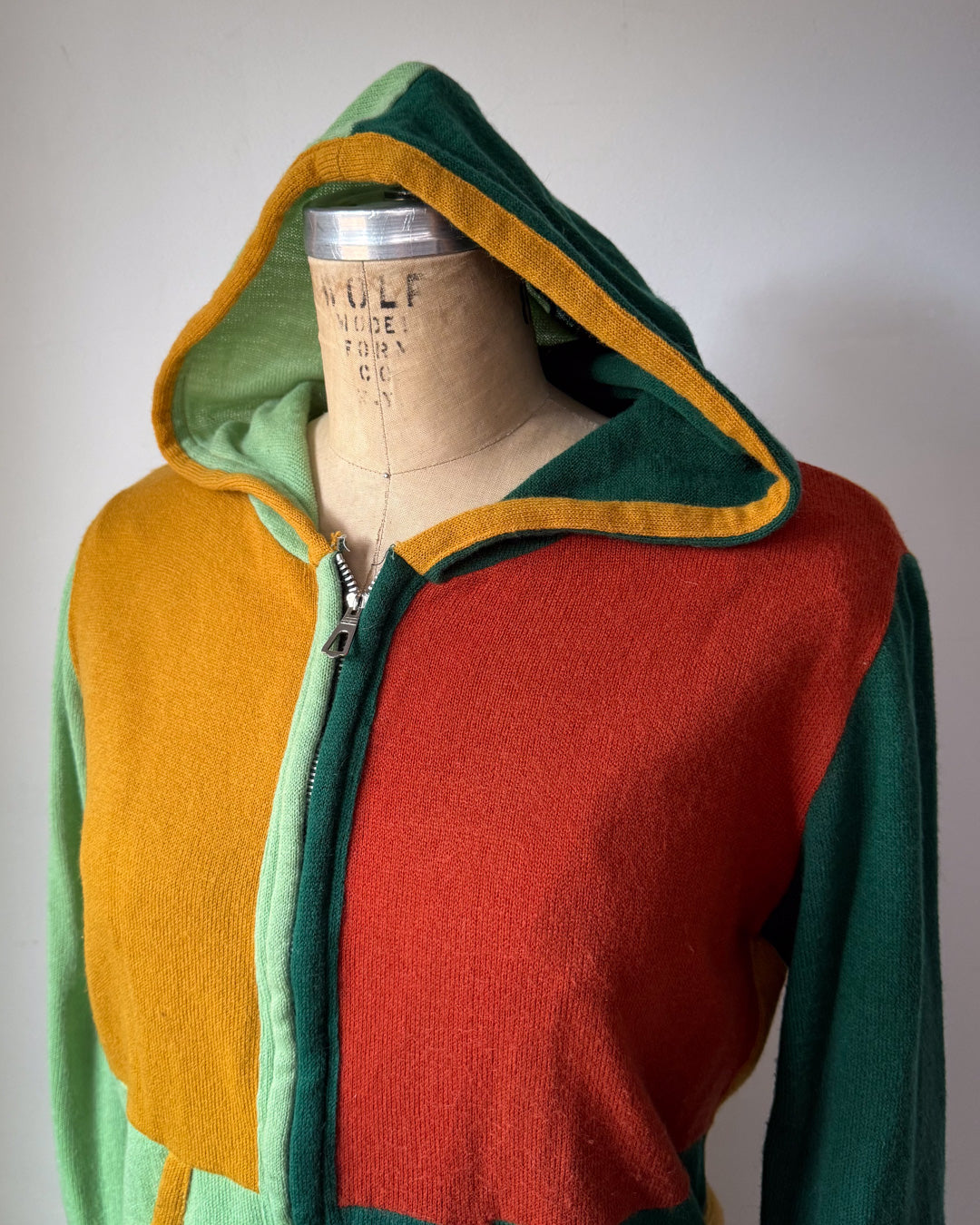 70s Rainbow Colorful Colorblock Hooded Knit Sweater Jacket / M