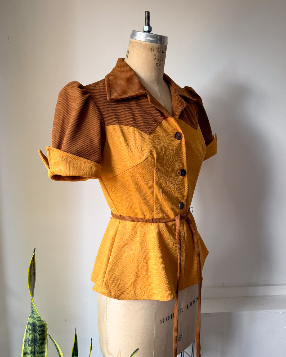 70s Colorblock Puff Sleeve Top / S