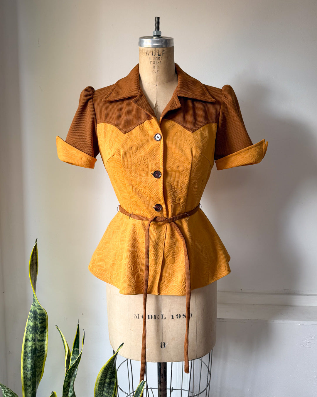 70s Colorblock Puff Sleeve Top / S