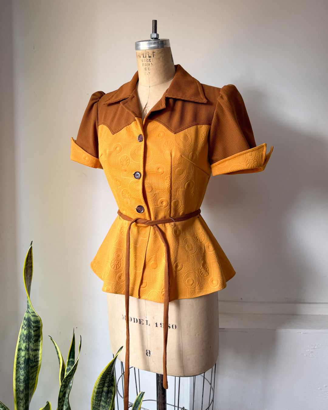 70s Colorblock Puff Sleeve Top / S