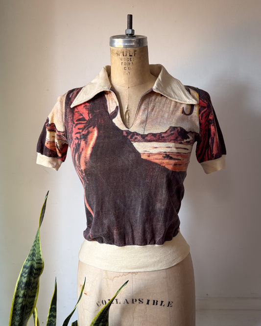 70s Novelty Print Cotton Polo Tee / XS-S