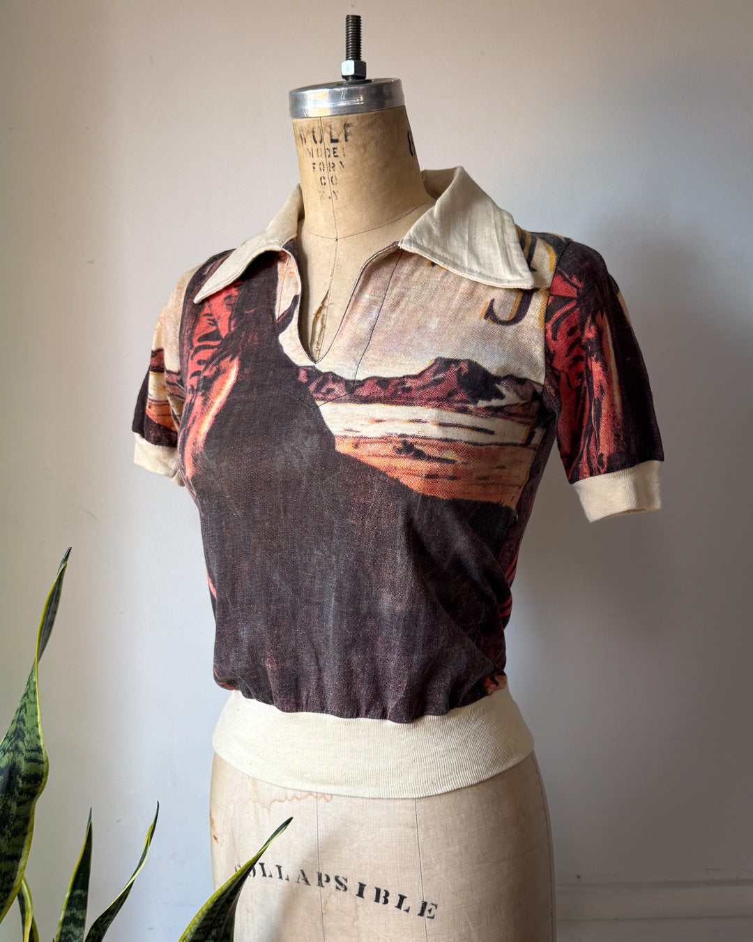 70s Novelty Print Cotton Polo Tee / XS-S