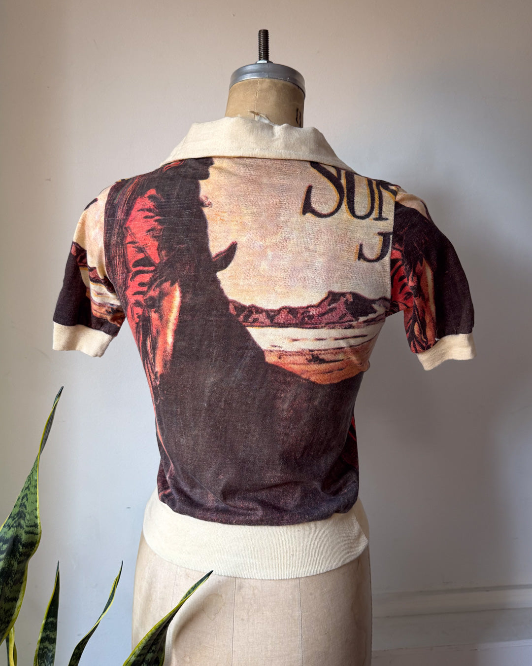 70s Novelty Print Cotton Polo Tee / XS-S
