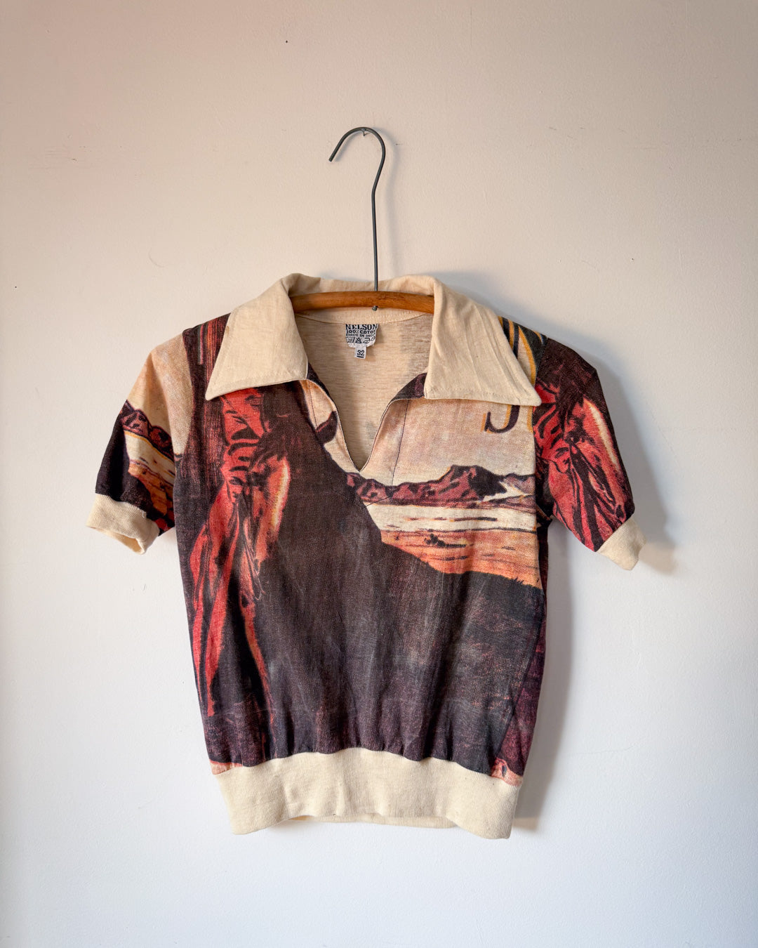 70s Novelty Print Cotton Polo Tee / XS-S