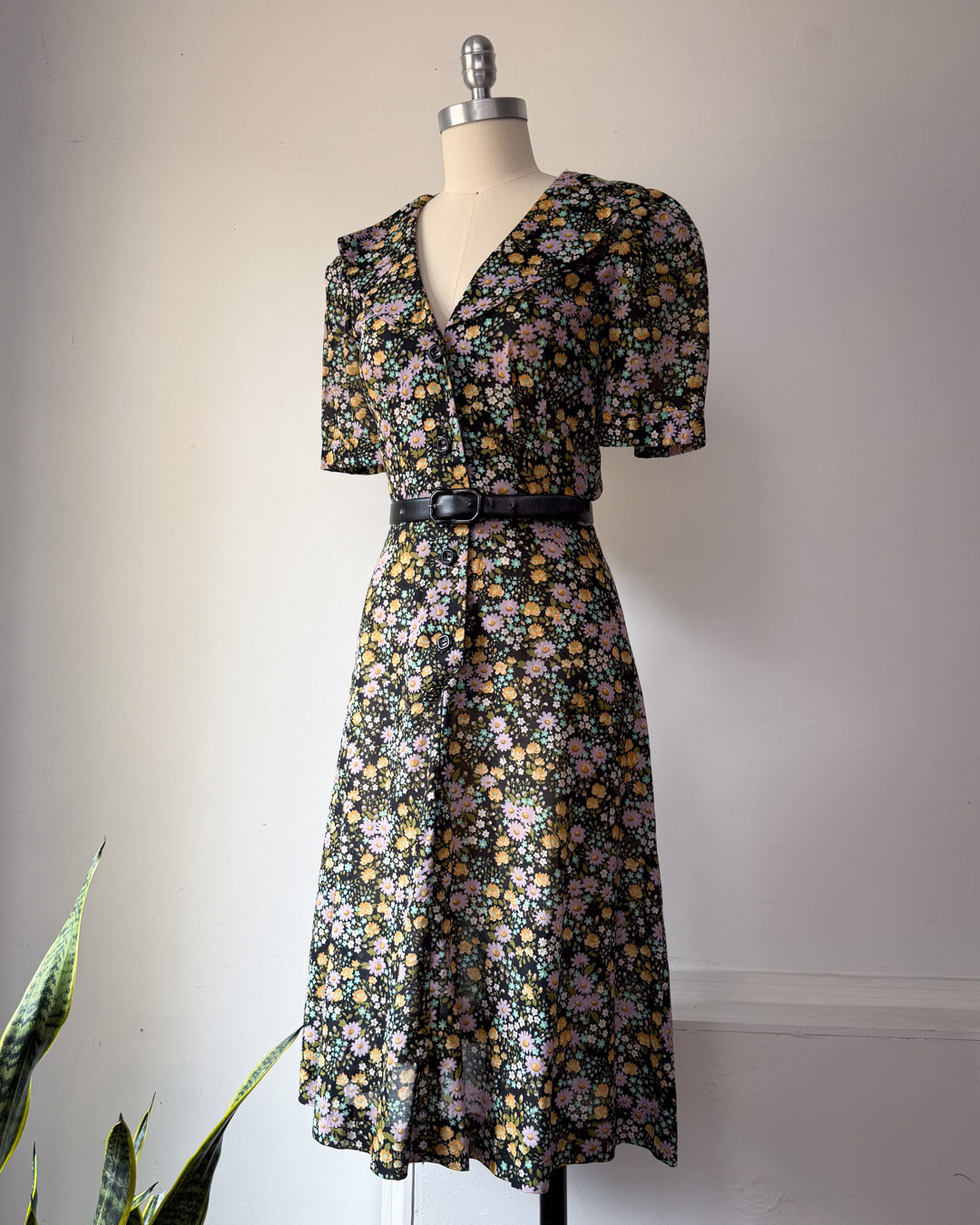 70s Dark Floral Dress / S