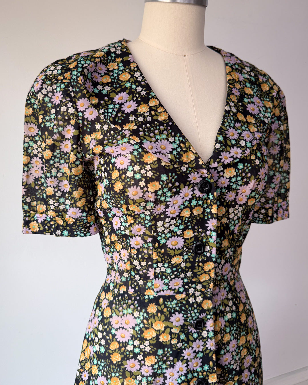 70s Dark Floral Dress / S