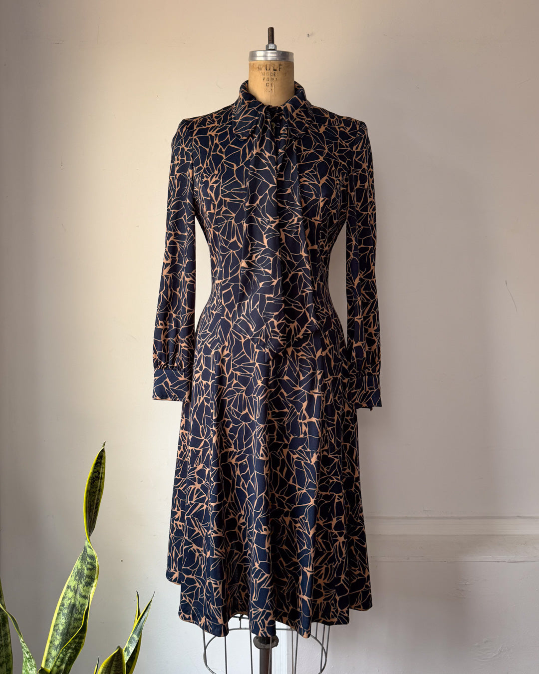 70s Navy Blue Printed Shirt Dress / S
