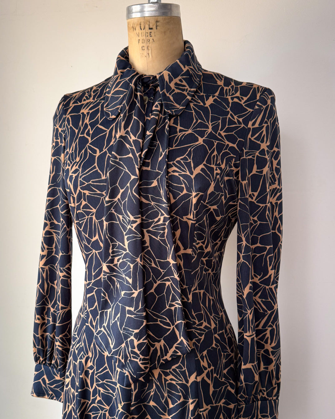 70s Navy Blue Printed Shirt Dress / S
