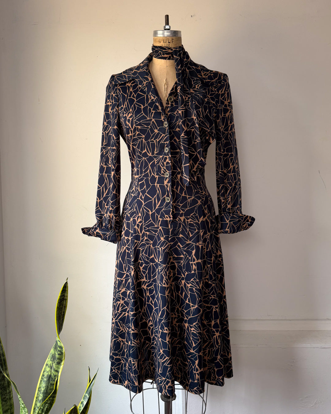 70s Navy Blue Printed Shirt Dress / S