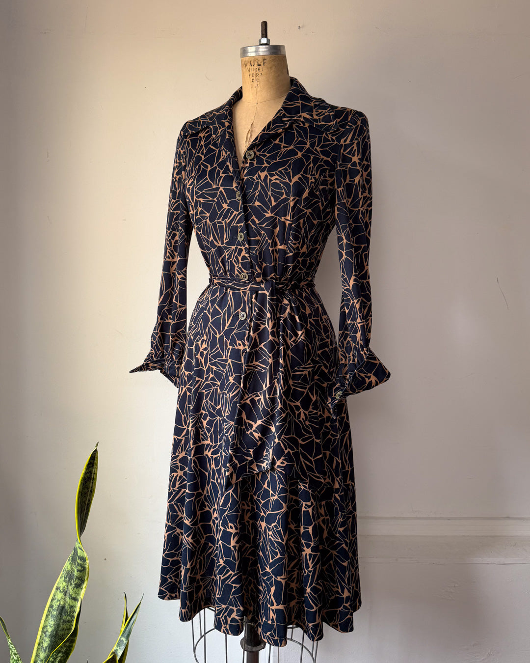 70s Navy Blue Printed Shirt Dress / S