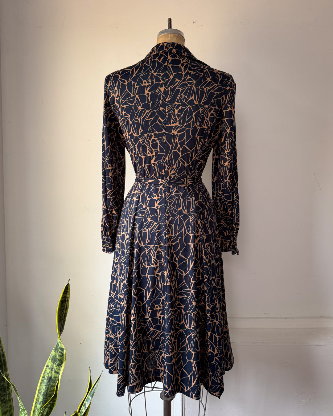70s Navy Blue Printed Shirt Dress / S