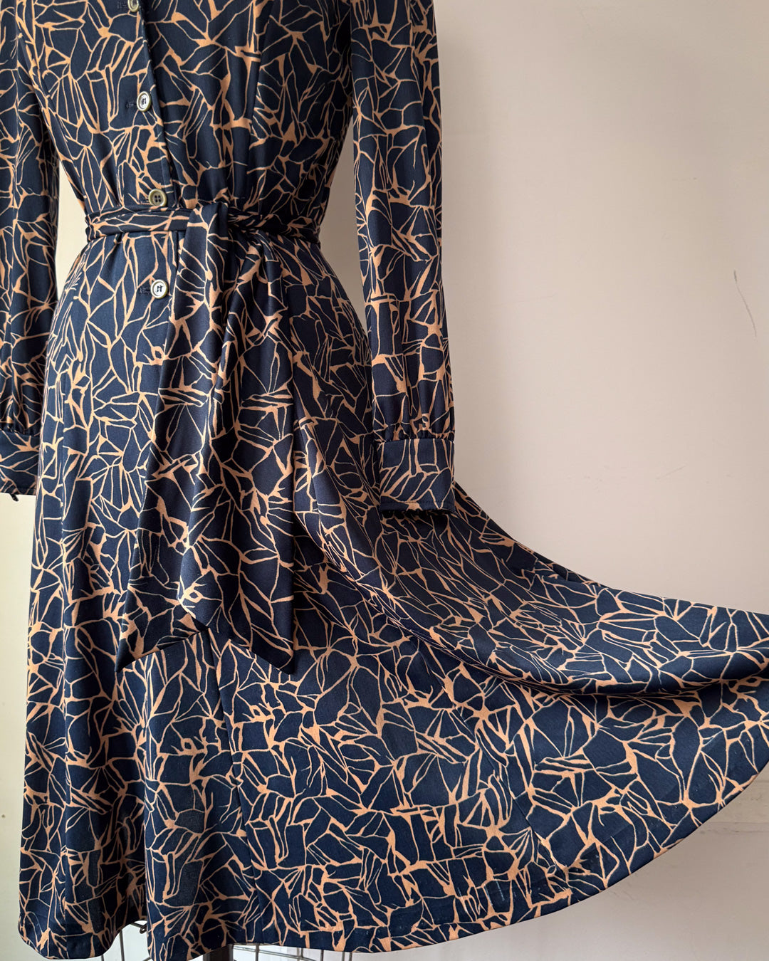 70s Navy Blue Printed Shirt Dress / S