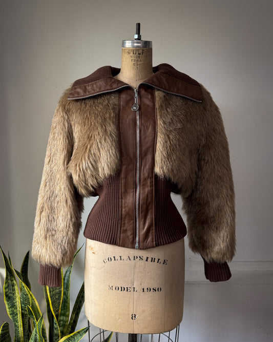 70s Cropped Faux Fur Bomber Jacket / S