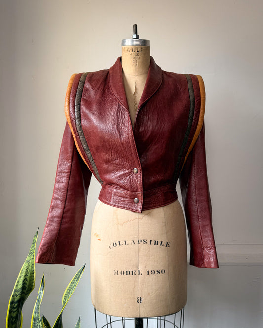 70s Futuristic Cropped Brick Red Leather Jacket / XS-S