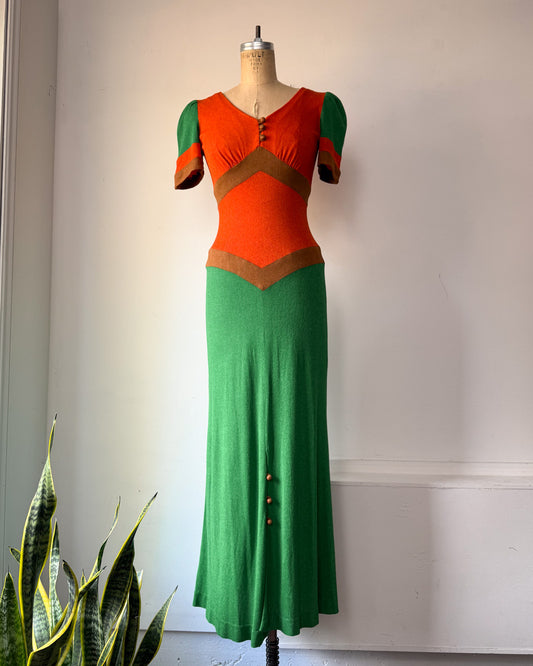 70s Fuzzy Colorful Jersey Knit Colorblock Maxi Dress / S