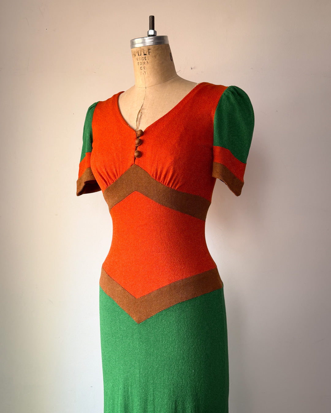 70s Fuzzy Colorful Jersey Knit Colorblock Maxi Dress / S