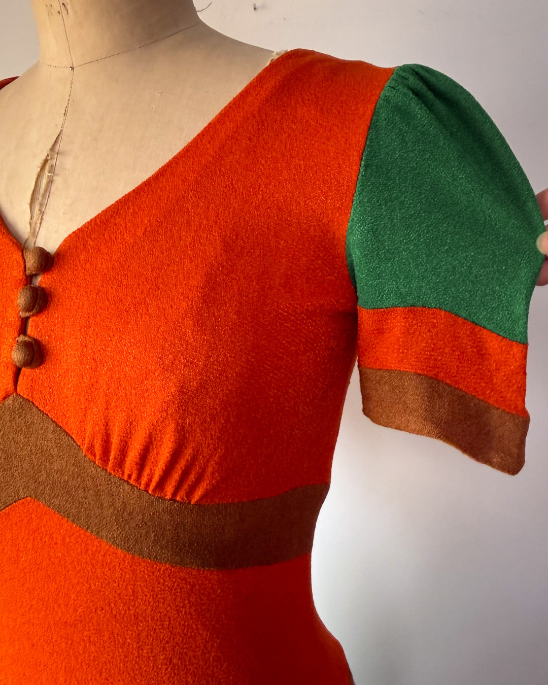 70s Fuzzy Colorful Jersey Knit Colorblock Maxi Dress / S