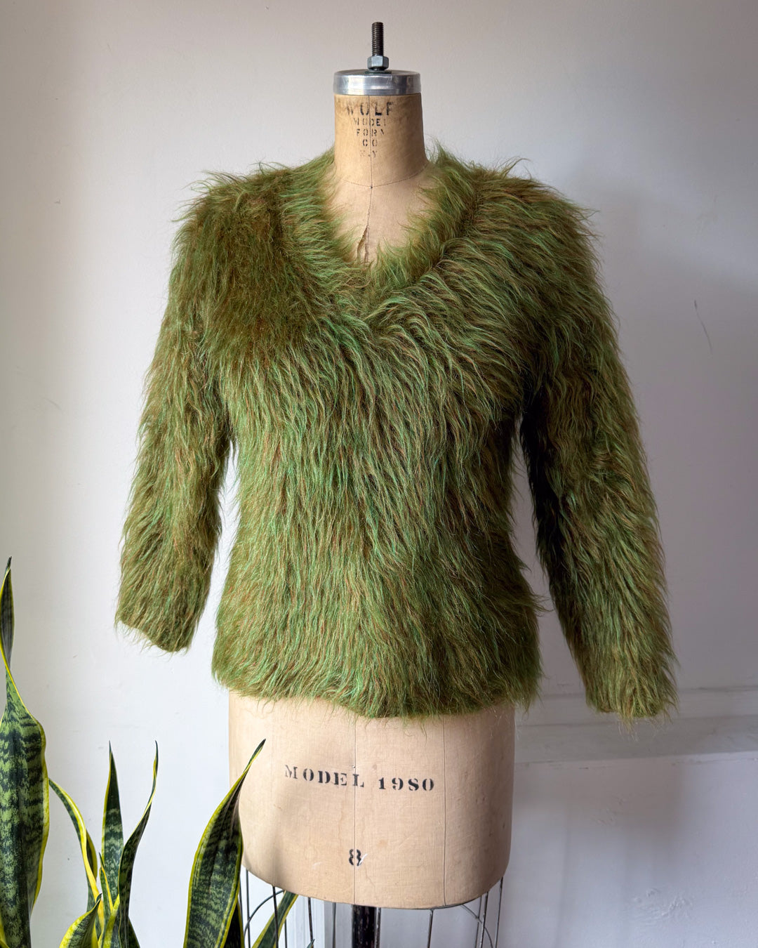 70s Shaggy Green Mohair V-Neck Sweater / S-M
