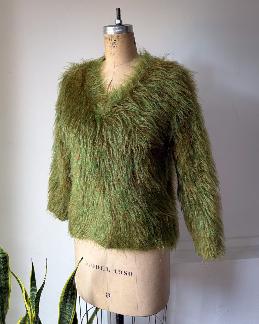 70s Shaggy Green Mohair V-Neck Sweater / S-M
