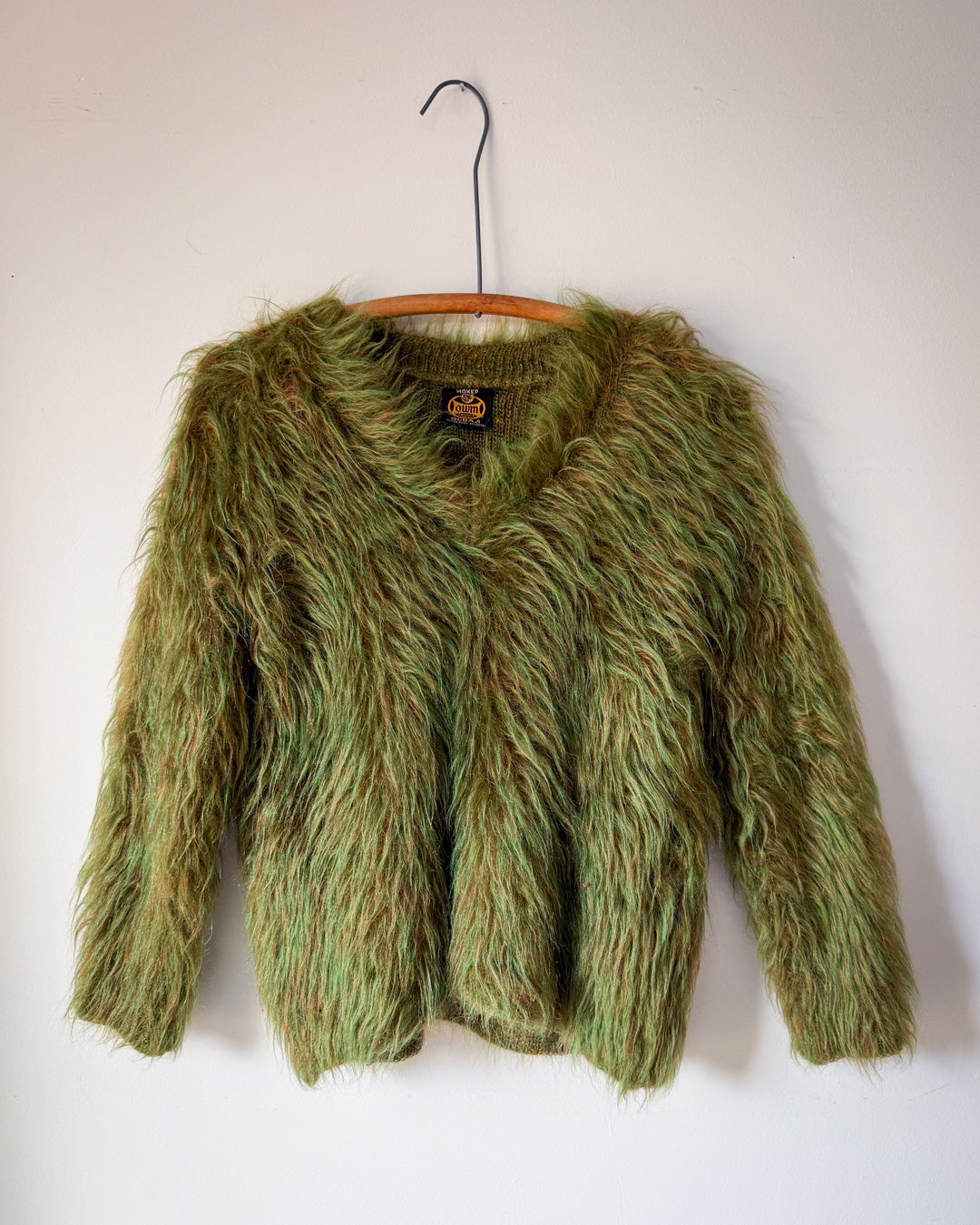 70s Shaggy Green Mohair V-Neck Sweater / S-M