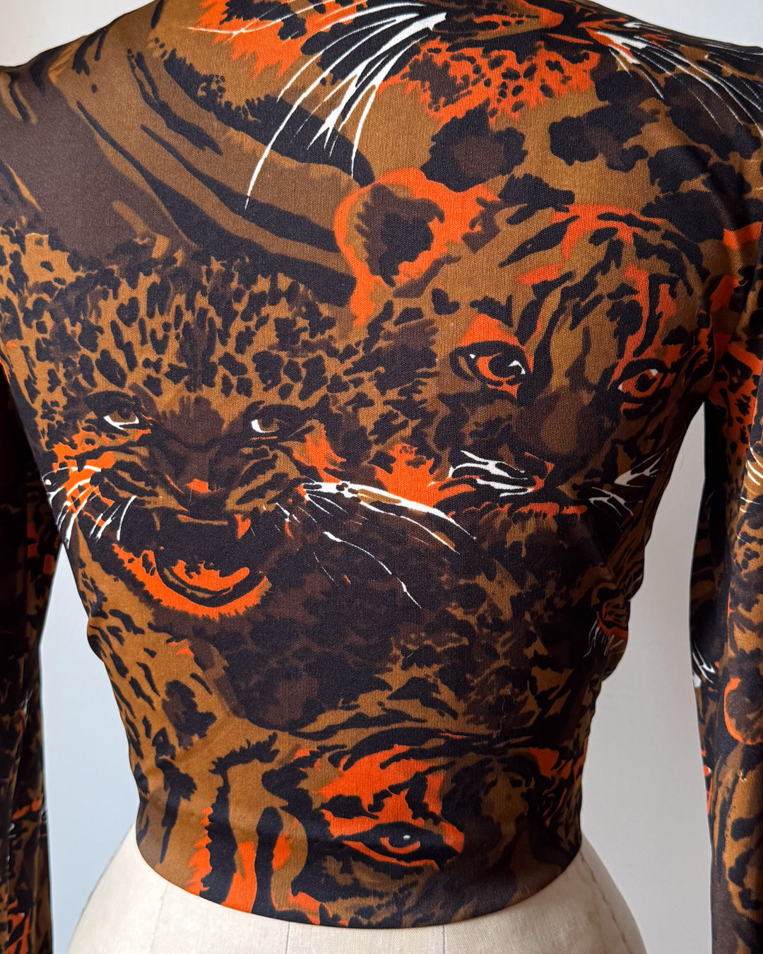 70s Jungle Cat Novelty Print Cropped Tie Top / S