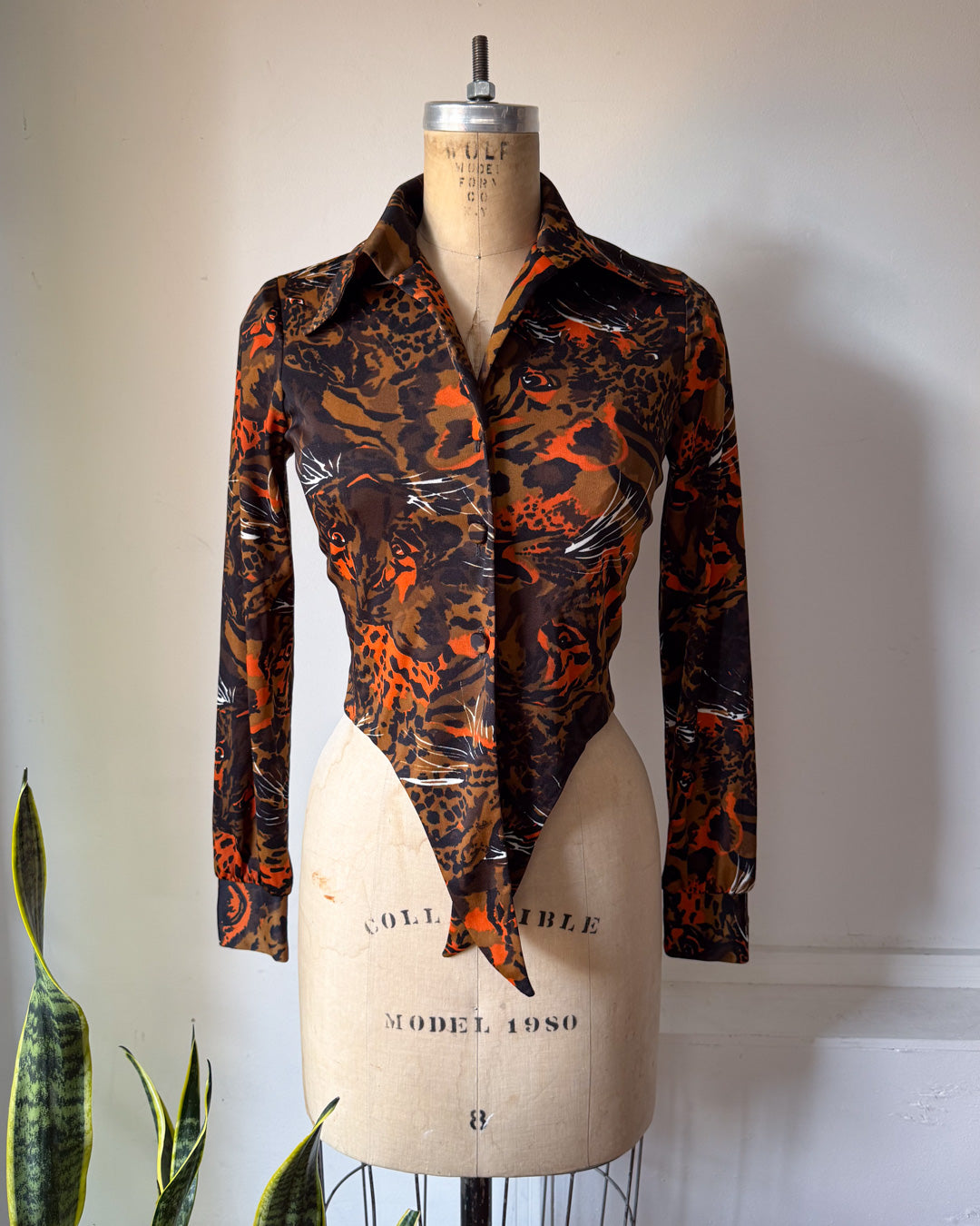70s Jungle Cat Novelty Print Cropped Tie Top / S