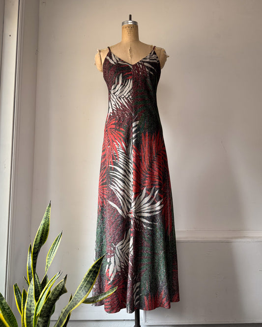 70s Silver Metallic Lurex Palm Leaf Print Maxi Dress / S