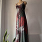 70s Silver Metallic Lurex Palm Leaf Print Maxi Dress / S