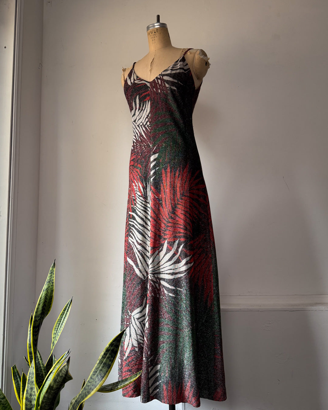 70s Silver Metallic Lurex Palm Leaf Print Maxi Dress / S