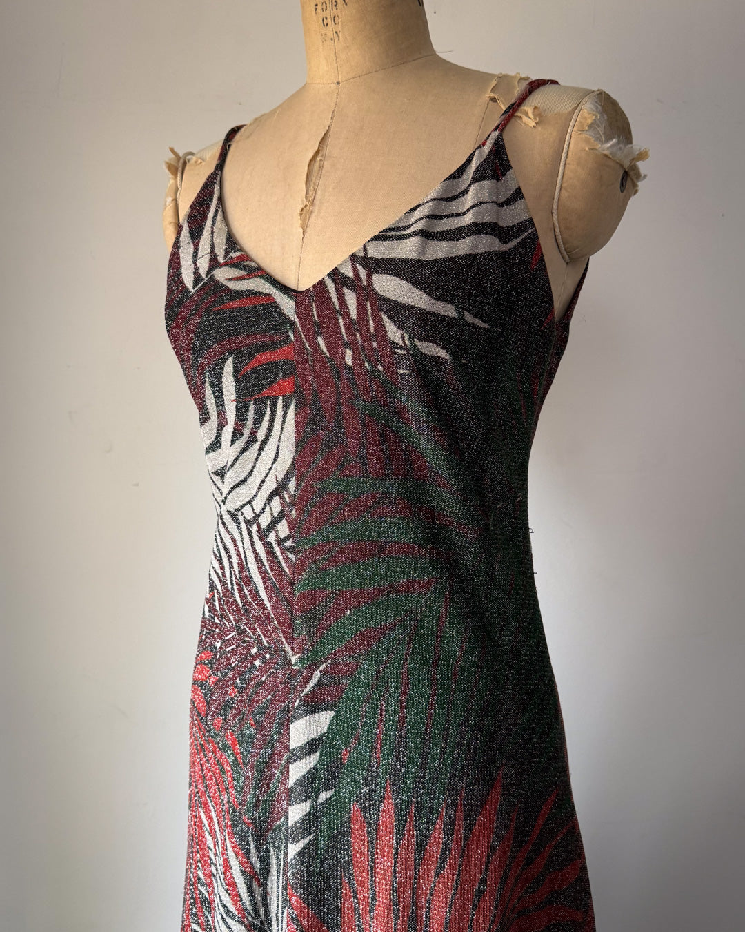 70s Silver Metallic Lurex Palm Leaf Print Maxi Dress / S
