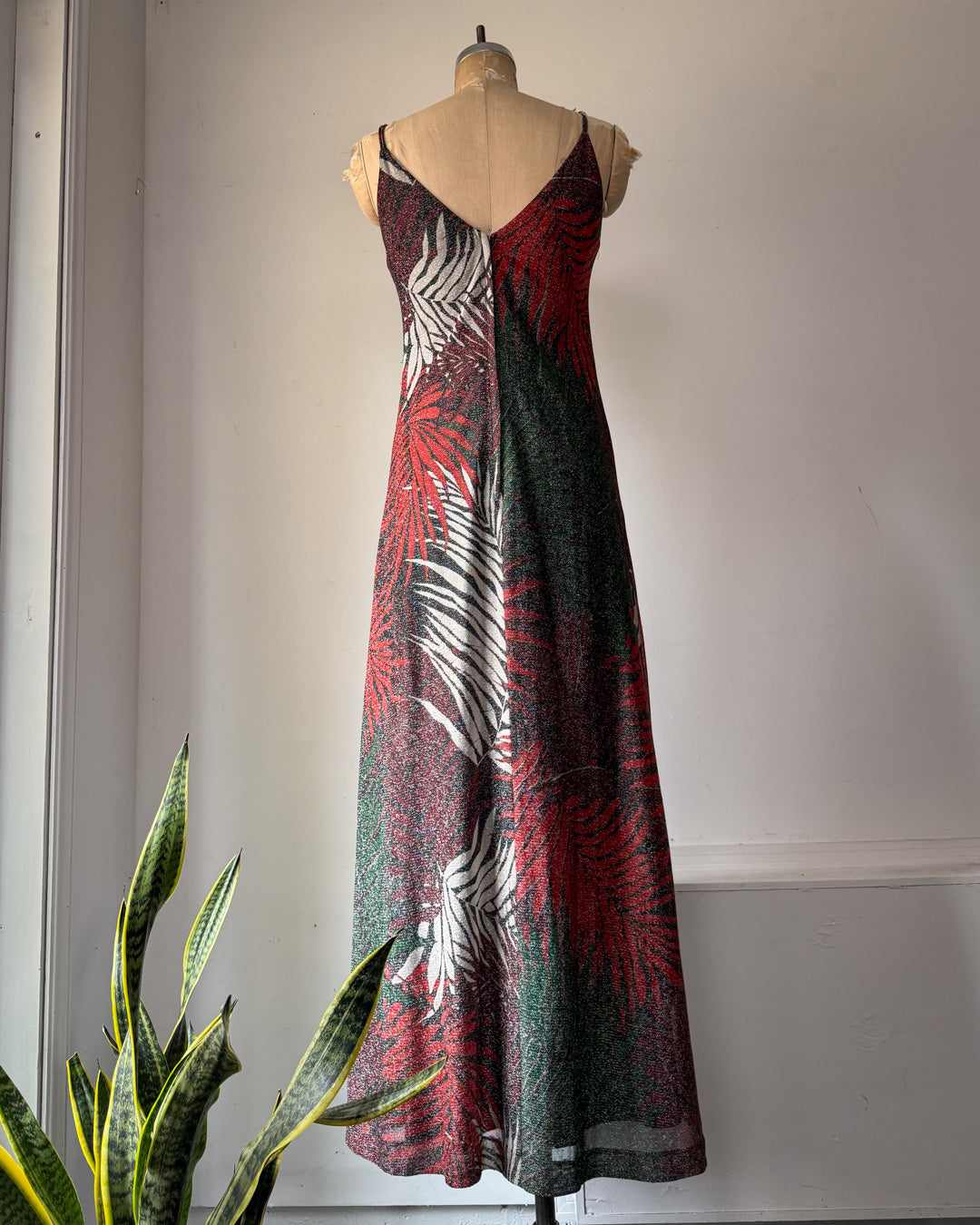 70s Silver Metallic Lurex Palm Leaf Print Maxi Dress / S