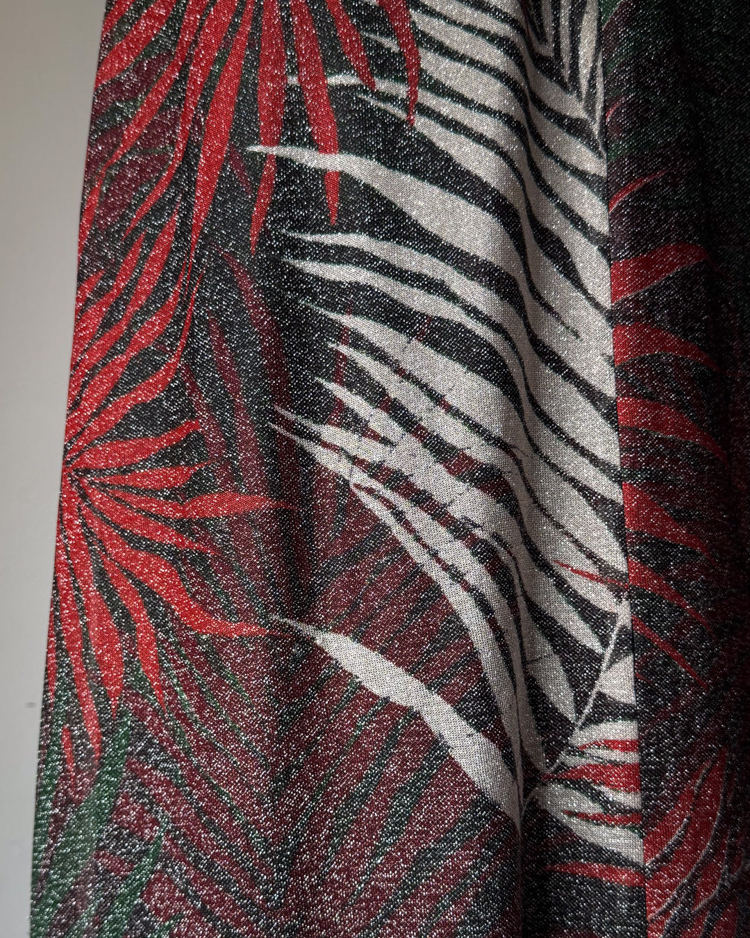 70s Silver Metallic Lurex Palm Leaf Print Maxi Dress / S