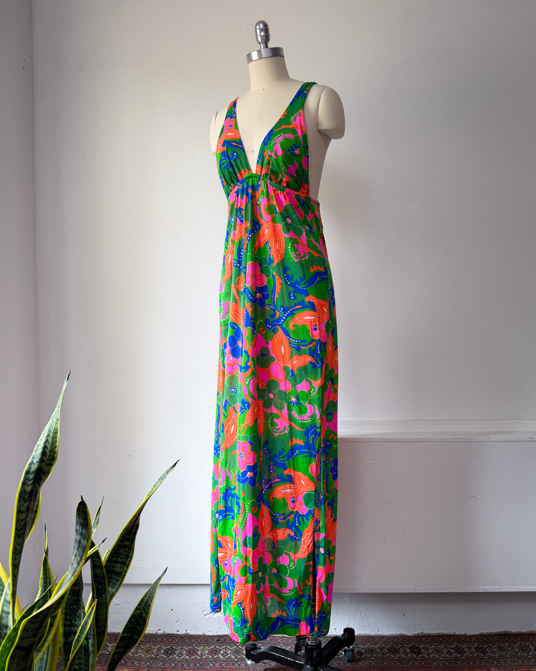 70s Colorful Floral Print Halter Dress / S
