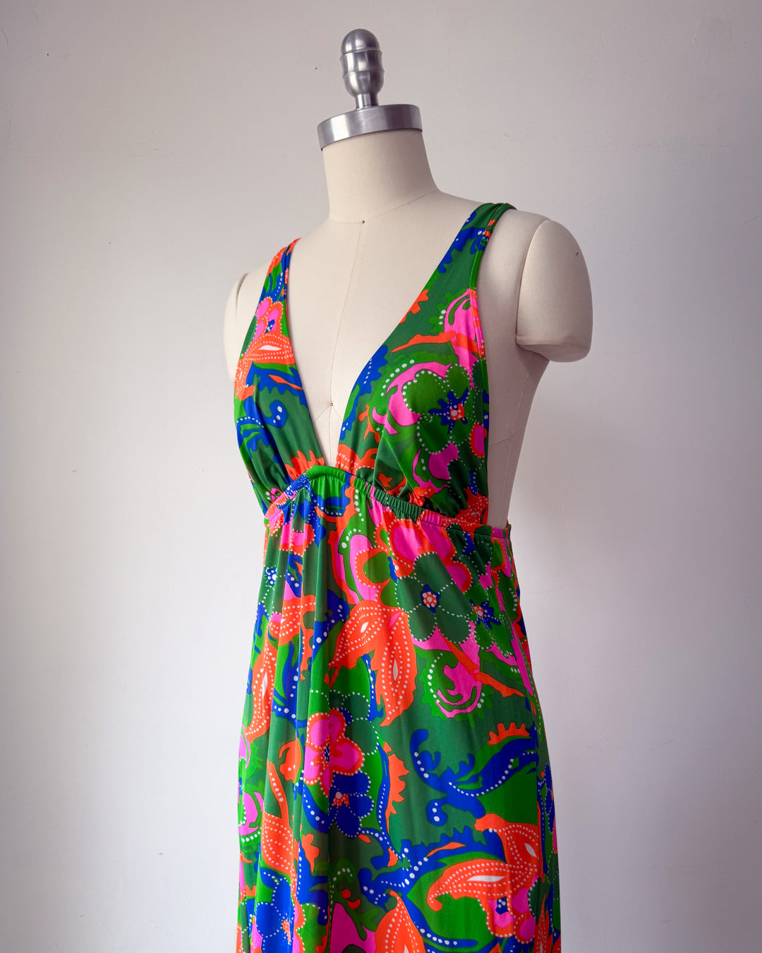 70s Colorful Floral Print Halter Dress / S