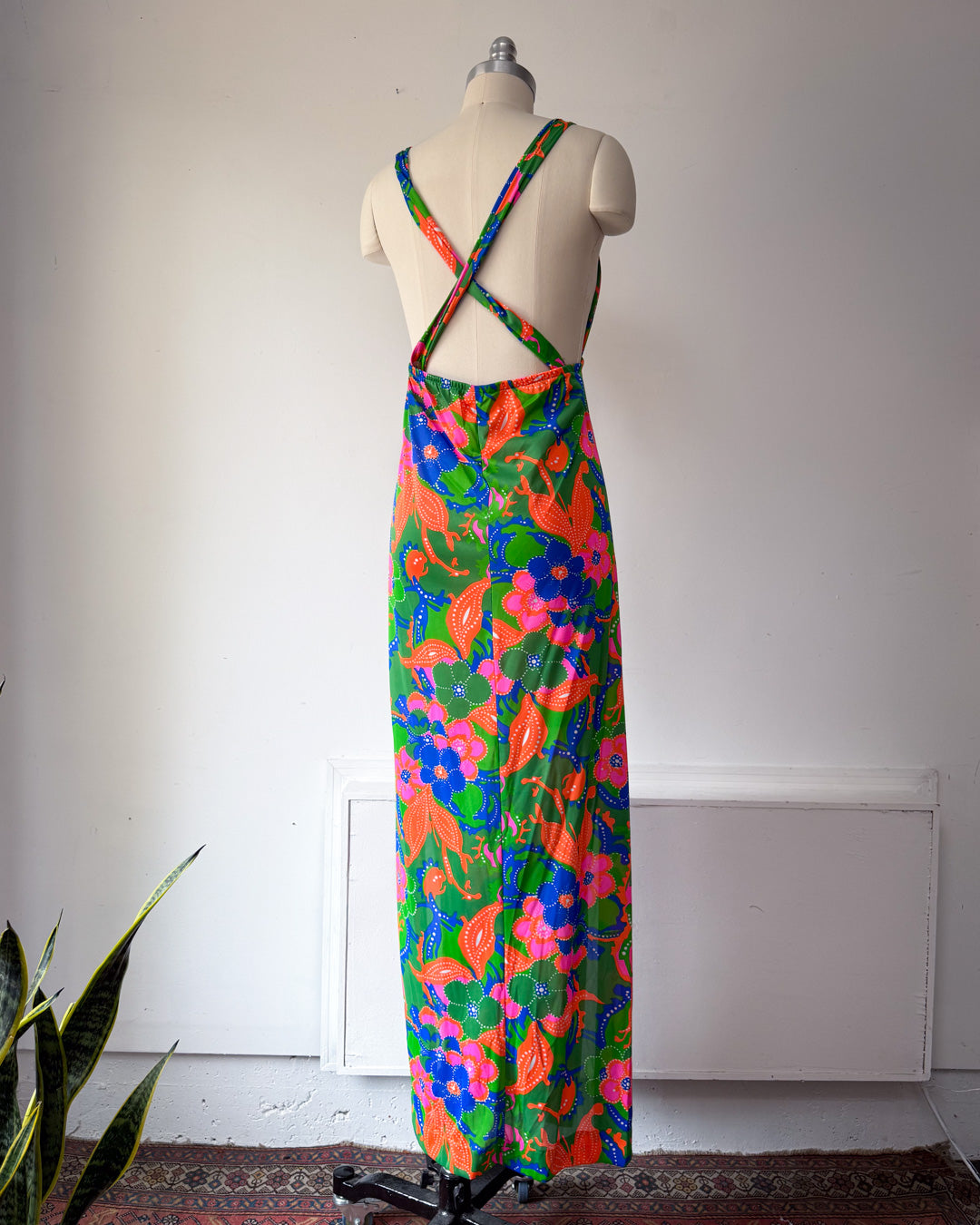 70s Colorful Floral Print Halter Dress / S