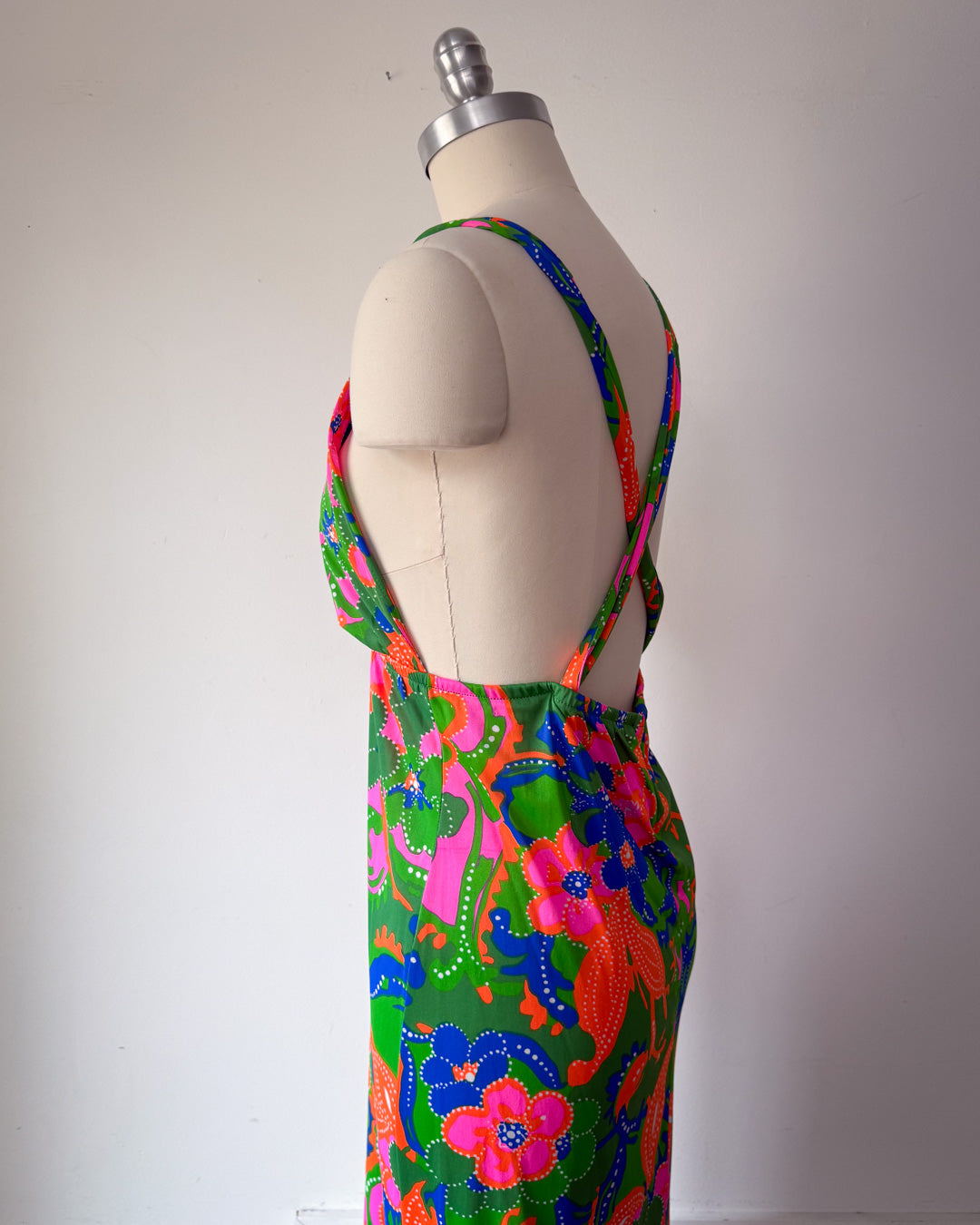 70s Colorful Floral Print Halter Dress / S