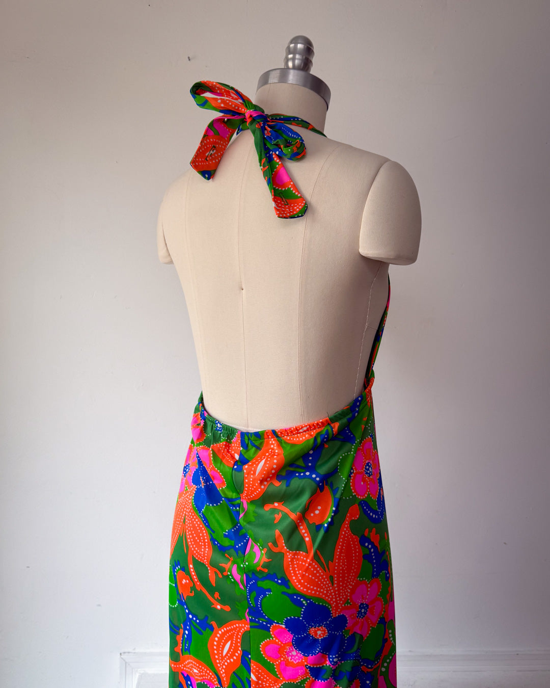 70s Colorful Floral Print Halter Dress / S