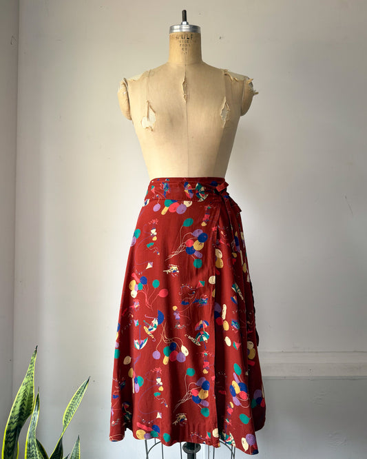 70s Novelty Balloon Print Midi Wrap Skirt / S-M