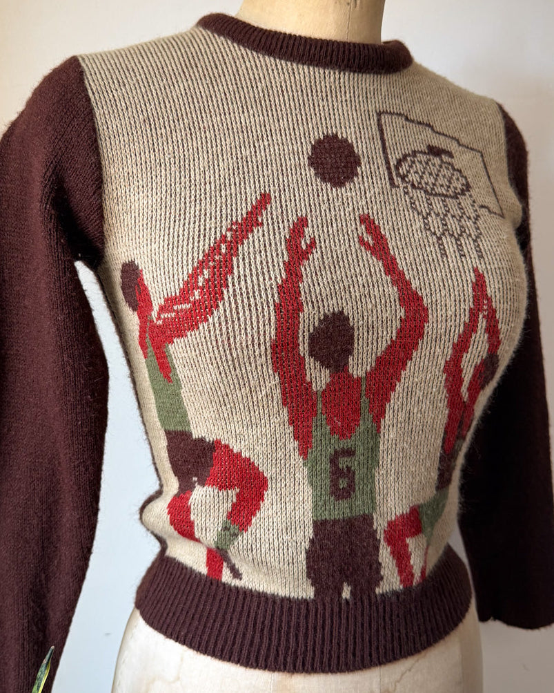 70s Novelty Basketball Knit Crop Sweater / XS-S