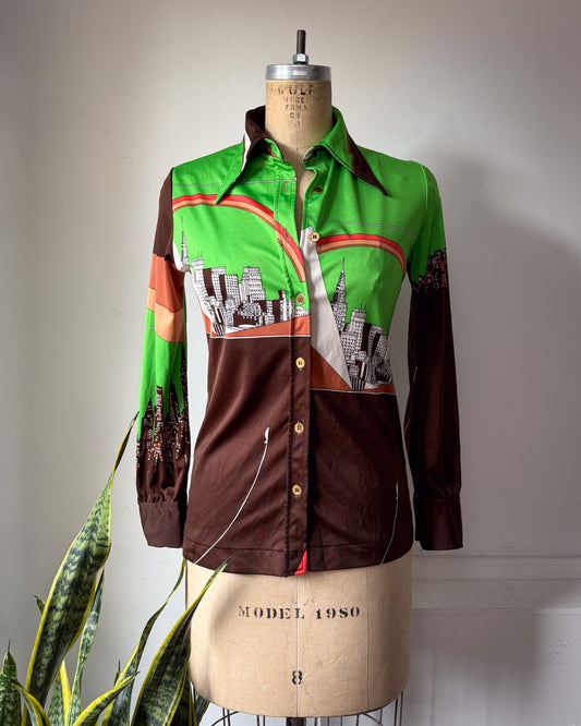 70s City Skyline Novelty Print Collared Disco Shirt / S