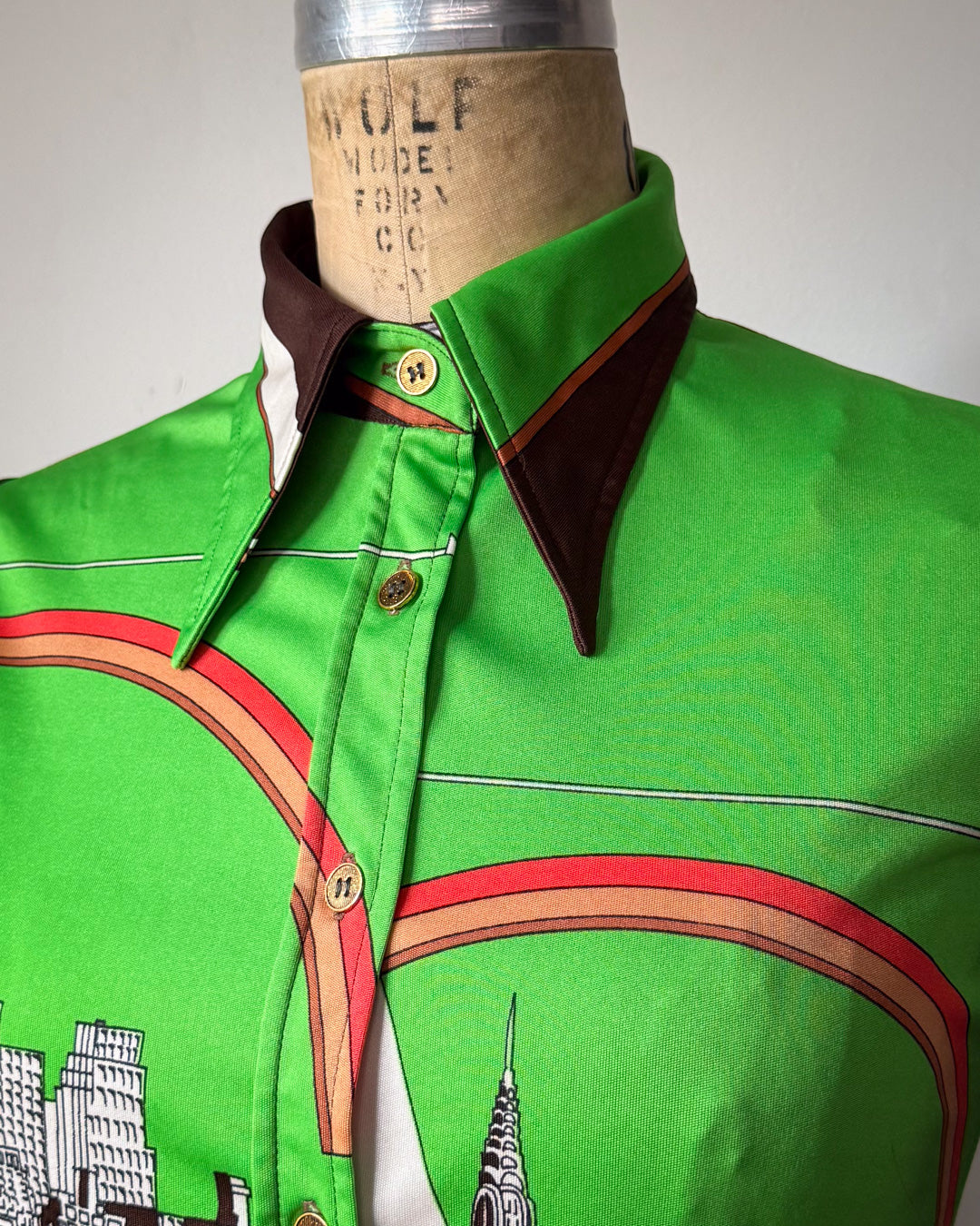 70s City Skyline Novelty Print Collared Disco Shirt / S
