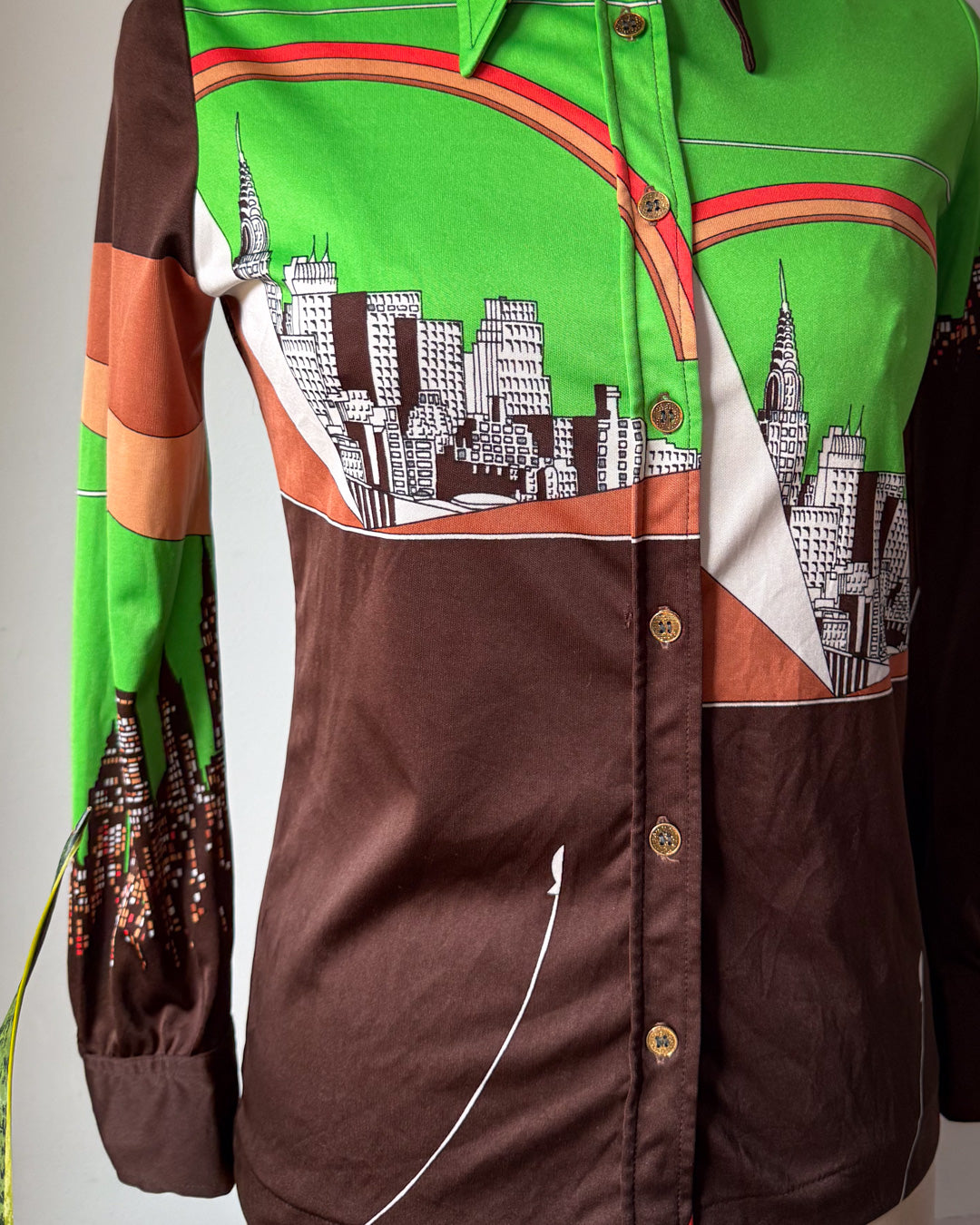 70s City Skyline Novelty Print Collared Disco Shirt / S
