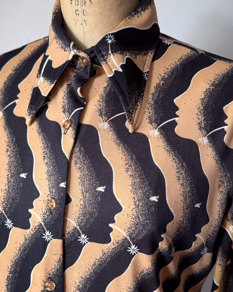 70s Pop Art Faces Novelty Print Shirt / XL