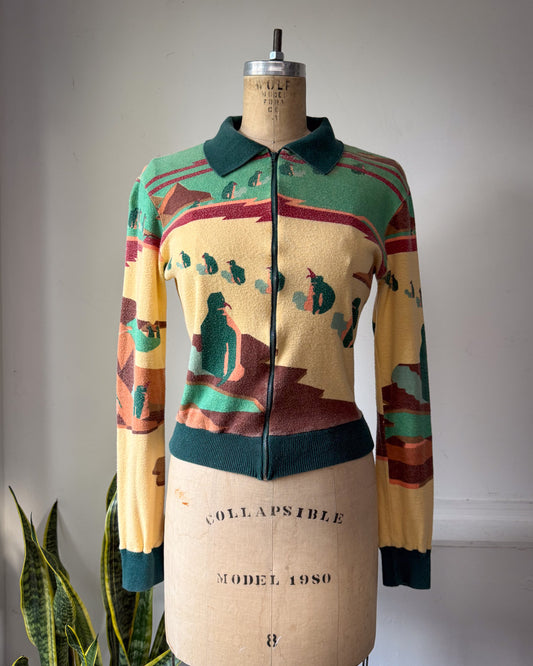 70s Novelty Penguin Print Cropped Knit Zip Up Jacket / M