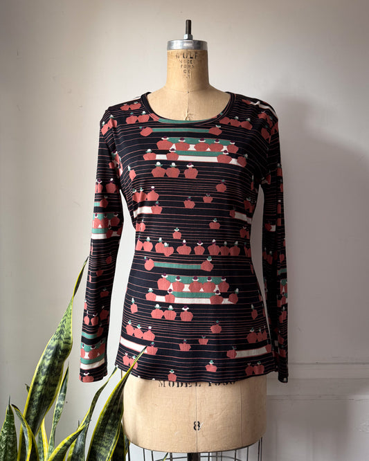 70s Novelty People Print Long Sleeve Top / M-L