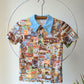 70s Stamp Collage Print Polo Tee / XS-S