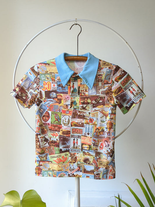 70s Novelty Stamp Collage Print Polo Tee / XS-S