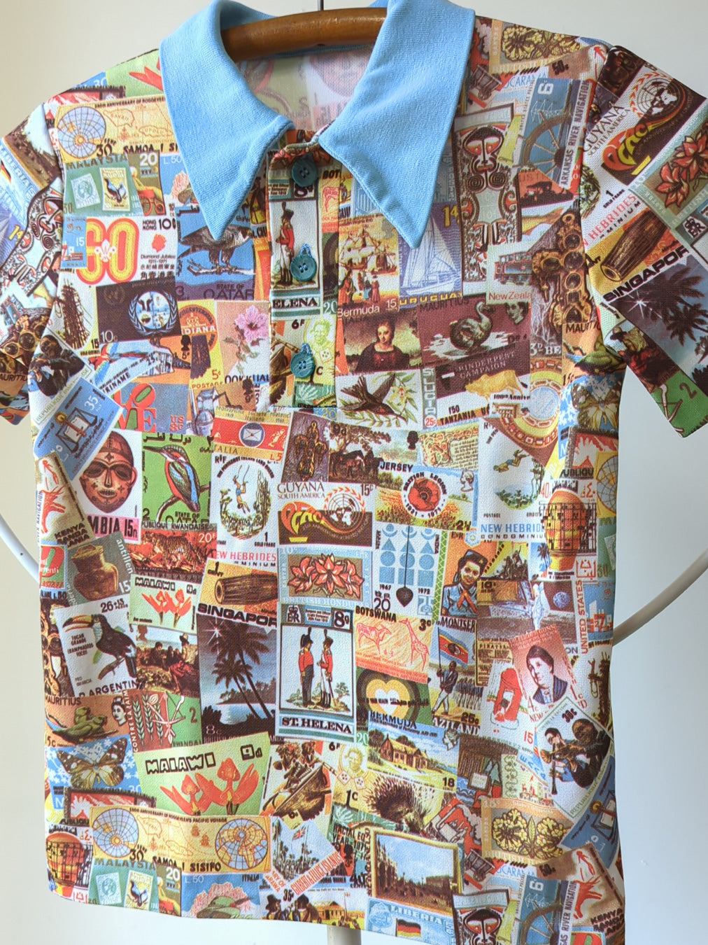 70s Stamp Collage Print Polo Tee / XS-S