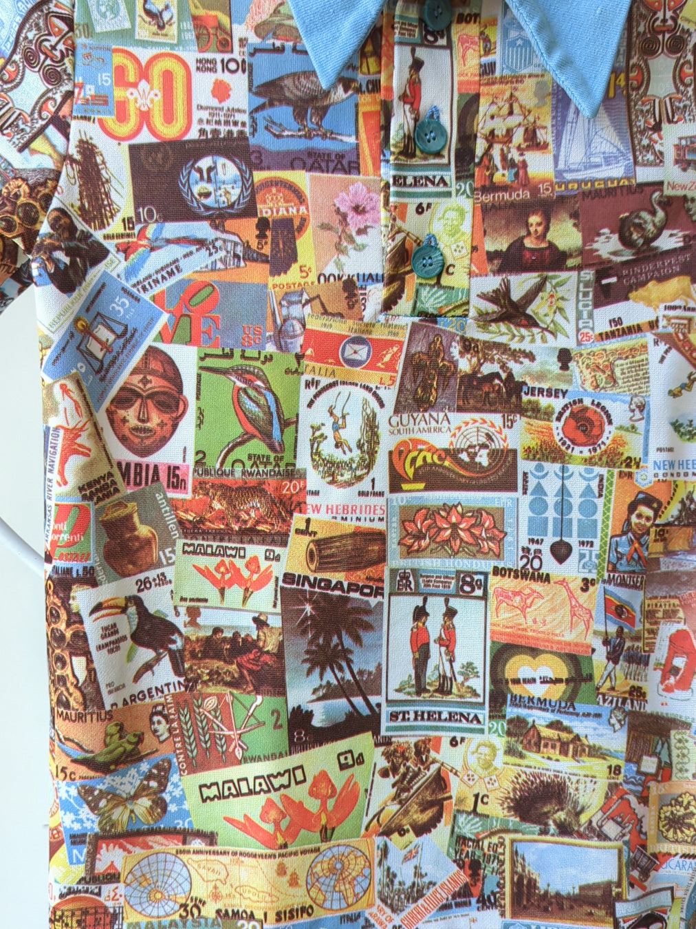 70s Stamp Collage Print Polo Tee / XS-S