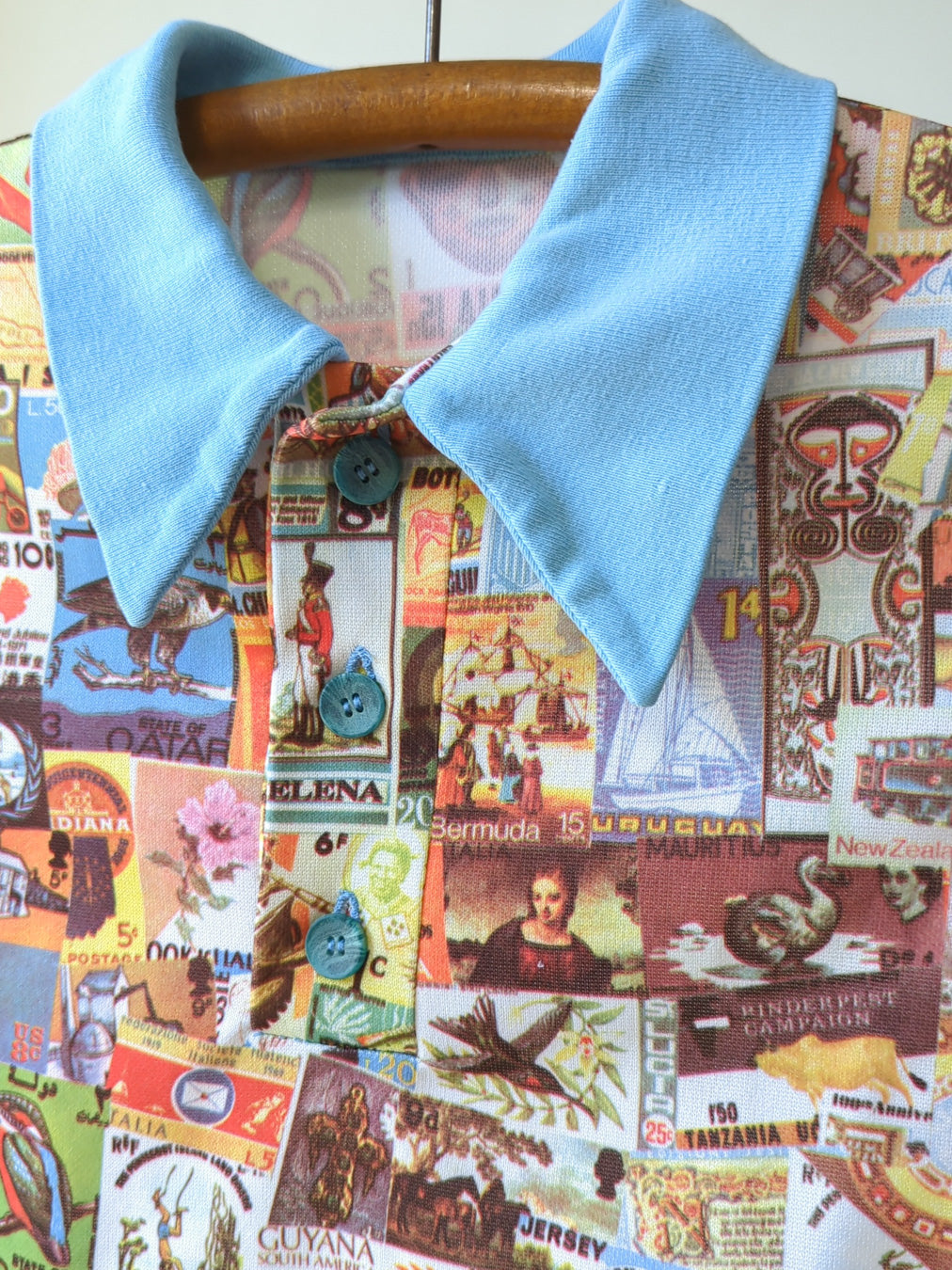 70s Stamp Collage Print Polo Tee / XS-S